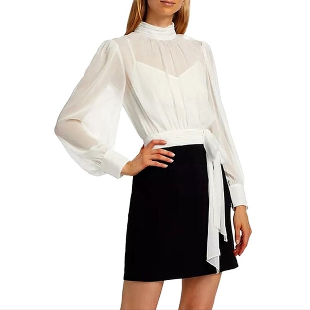 $495 Cinq à Sept Holiday Elena White Black Sheer Blouson Mini Dress Sz 2 NEW